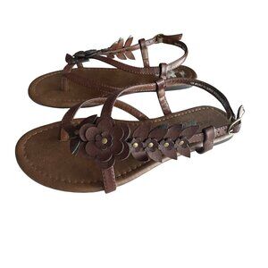 Madeleine Stuart Brown Flat Sandal Floral Embellished Thong Ankle Strap Size 7.5